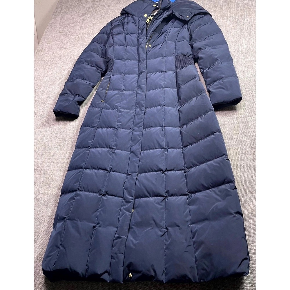 Cole Haan Signature Maxi Puffer Coat Womens Small Navy Blue Full Zip Hooded